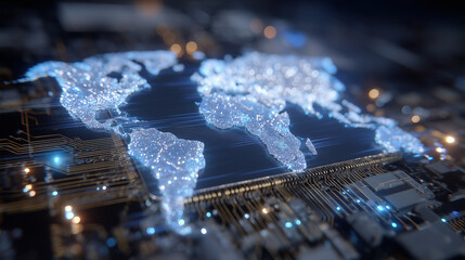 Cinematic shot of a high-tech CPU with continents mapped into the silicon, glowing traces highlighting global connections, ultrafine circuit details in sharp focus