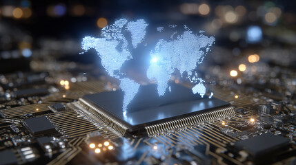 Futuristic macro shot of a computer processor with world map circuitry glowing softly, ultrafine details of micro-components captured in cinematic composition