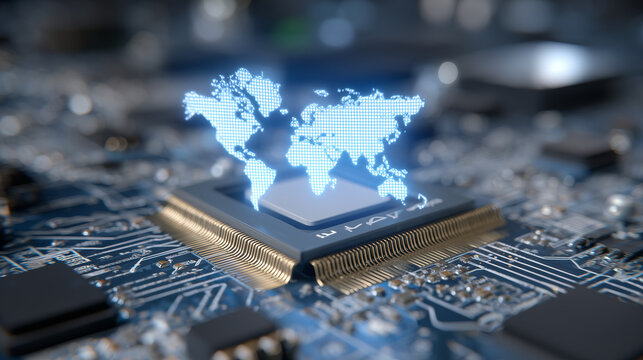 Futuristic macro shot of a computer processor with world map circuitry glowing softly, ultrafine details of micro-components captured in cinematic composition