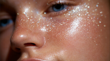 Fototapeta premium Macro close-up of smooth skin with glowing nanotech droplets, fine particles suspended above, soft-focus background enhancing high-tech skincare effect