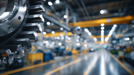 Fototapeta premium Macro view of industrial machinery, intricate mechanical components and screws in sharp focus, factory floor softly blurred in the background
