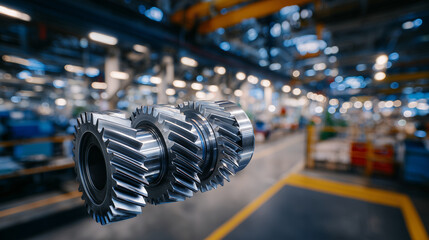 High-detail view of a mechanical gearbox with interconnected gears, metallic sheen and machining marks visible, industrial environment softly blurred
