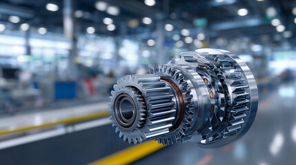 High-detail view of a mechanical gearbox with interconnected gears, metallic sheen and machining marks visible, industrial environment softly blurred