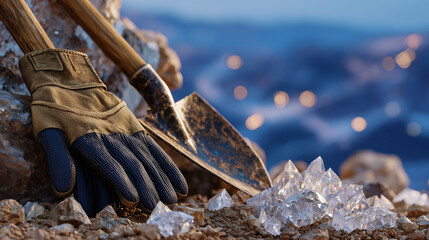 Obraz premium Cinematic close-up of mining gloves and shovel resting beside luminous rare earth ores, rocks and soil textures detailed, background softly fading to emphasize discovery