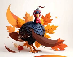 Festive Thanksgiving Turkey with Autumn Leaves Decoration.