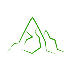 Minimalist green mountain range icon with sharp geometric peaks, outline style, adventurous dynamic feel, ideal for travel and outdoor projects