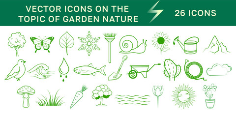 Collection of 26 minimalist green garden nature icons: plants, animals, flowers, tools, eco elements; perfect for digital branding, eco projects