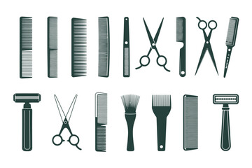 A collection of hairdressing tools and personal grooming items is neatly arranged on a white background.