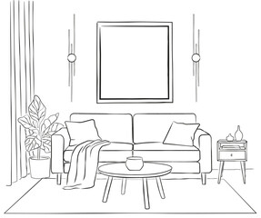 Living room graphic black white home interior sketch illustration vector