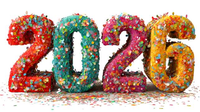 Playful colorful 2026 text with confetti explosion effect, 3D layered paper cut style isolated on white background