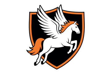 Obraz premium Mythical winged horse in flight, a symbol of freedom and power within a shield emblem.