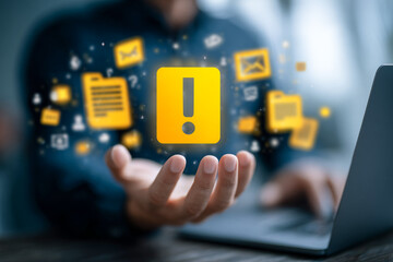 Person displays floating yellow exclamation icon with glowing effect for social media design, posters.
