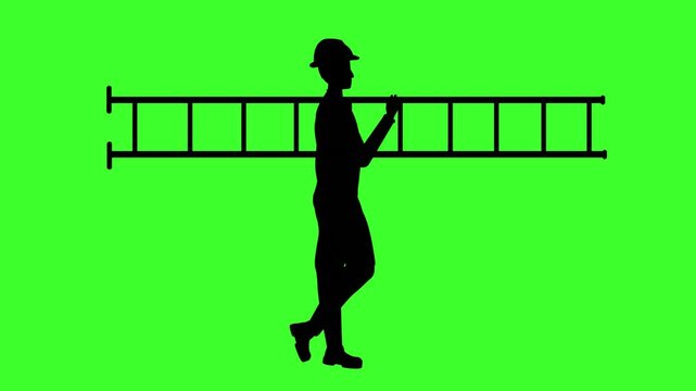 Silhouette man walking with ladder green screen