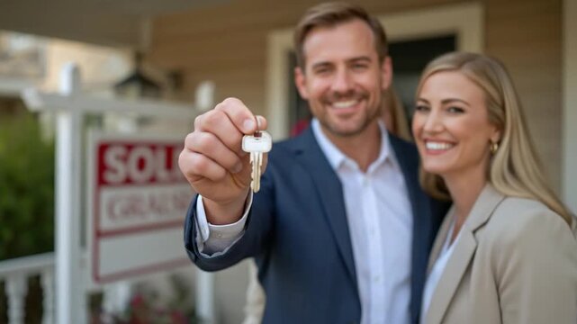 Joyful Couple Celebrates New Home Purchase, Holding Keys in Front of a 'SOLD' Real Estate Sign