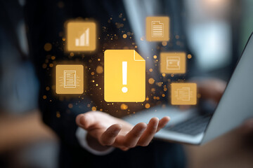 Gold icons float over hand in dark setting. Represents data management, project management, and cybersecurity.