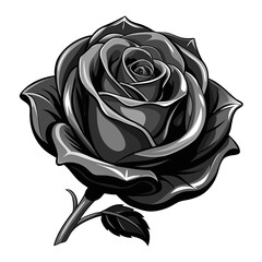 Highly detailed monochromatic vector illustration of a fully bloomed rose flower with stem and leaf in grayscale shades. perfect for gothic design.
