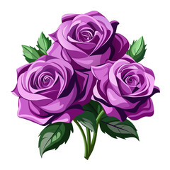 Vibrant purple rose bouquet vector illustration featuring three fully bloomed flowers and detailed green leaves arrangement.