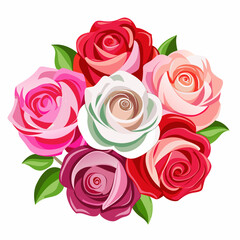 Colorful vector illustration of a dense bouquet of blooming roses featuring red, pink, white, and magenta flowers with green leaves.