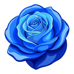 Vibrant blue rose flower vector illustration, detailed close-up drawing of a romantic blossom head, stylized cartoon graphic element design.