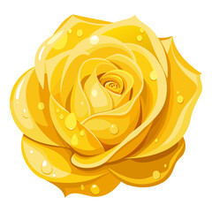 Yellow rose flower bloom vector illustration detailed graphic close up view with glistening water droplets on the shiny gold petals perfect for springtime.