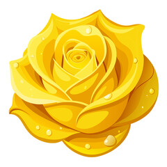 Vector illustration of a bright golden yellow blooming rose flower head with fresh dew drops on the glossy petals.
