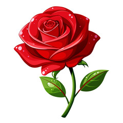 Red rose flower vector illustration with glossy petals and green stem, symbolizing love romance passion beauty and valentines day