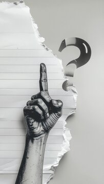 Modern collage with pointing hand and question mark. Paper cutout. Torn paper. Halftone part of body. Question mark cut out from notebook. FAQ sign.
