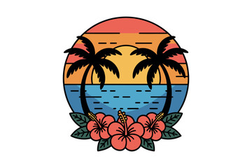 Naklejka premium Vibrant tropical sunset with palm trees and hibiscus flowers evokes a peaceful beach paradise.