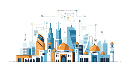 Obraz premium Vibrant Vector Illustration of a Cosmopolitan Cityscape with Architectural Diversity and Interconnected Networks, ideal for urban planning and infrastructure
