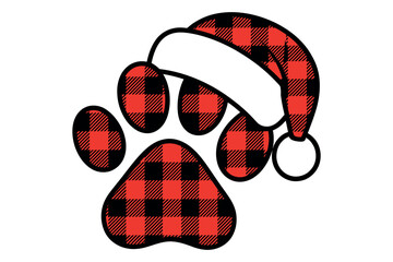 Festive plaid paw print wearing a Santa hat, celebrating the holidays with a furry friend