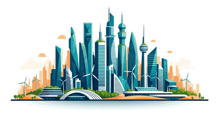 Fototapeta premium Futuristic city skyline showcasing sustainable architecture, renewable energy, and innovative urban planning.
