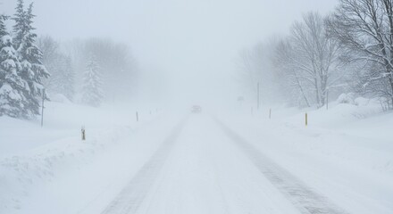 Obraz premium A severe winter blizzard rages across the landscape, burying roads and trees under thick drifts of heavy, blowing snow. Extreme cold warning ,whiteout ,climate ,blizzard