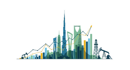 Middle East Economic Growth with Skyline, Oil Rigs, and Rising Chart Lines Depicting Financial Success and Development in the Arabian Peninsula