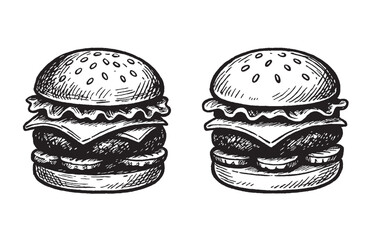 Hand Drawn Illustration of Two Burgers Vintage Style