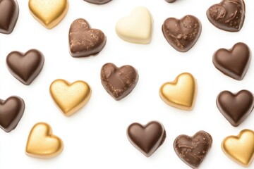 Fototapeta premium Heart-shaped chocolate candies in gold and brown tones, isolated on white.