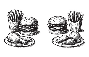 Vintage Fast Food Illustration of Burger, Fries and Fried Chicken