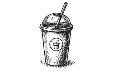 Hand Drawn Cold Drink Cup with Straw | Vintage Beverage Sketch