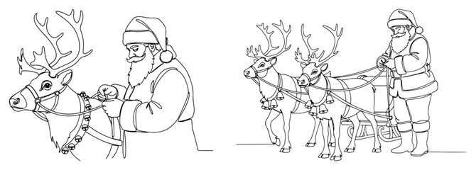 Santa Claus Driving Sleigh with Reindeer Line Art – Detailed Christmas Holiday Winter Vector Illustration