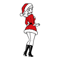 Pin‑Up Style Mrs Santa in Christmas Outfit – Detailed Christmas Holiday Winter Vector Illustration