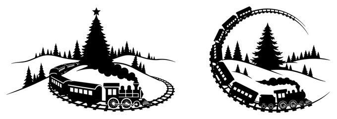 Christmas Train Circling Tree Scene – Detailed Christmas Holiday Winter Vector Illustration