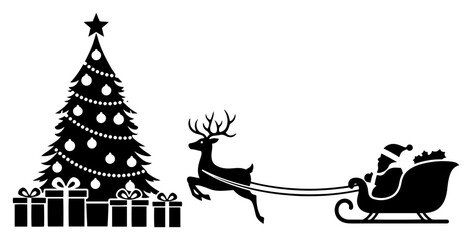 Santa Sleigh Passing Decorated Christmas Tree Gifts – Detailed Christmas Holiday Winter Vector Illustration