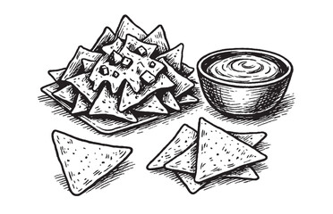 Vintage Hand Drawn Nachos with Cheese Dip | Black and White Snack Illustration