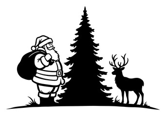 Santa Meeting Reindeer Beside Evergreen Silhouette – Detailed Christmas Holiday Winter Vector Illustration
