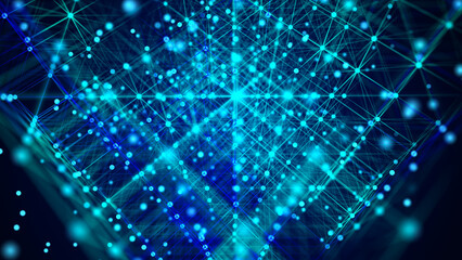 Digital communication matrix. Cubic space. Information flows. Technological basis of neural networks. 3D rendering.