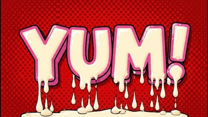 A delicious YUM! lettering graphic, dripping with creamy goodness, pops against a vibrant background, enticing the viewer with its playful aesthetic.