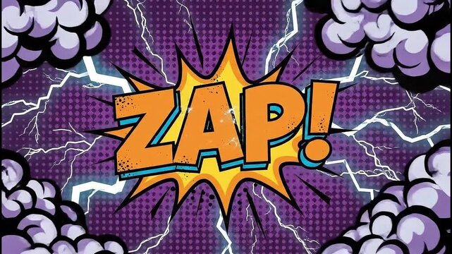 An electrifying comic book style illustration bursts with energy, featuring the word ZAP! in a dynamic font amidst stylized lightning bolts and billowing smoke.
