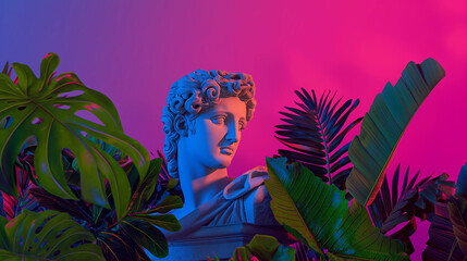 Surreal tropical portrait of a classical male statue bathed in pink and blue neon light, symbol of harmony between nature and art. perfect for branding, advertising, and creative campaigns.