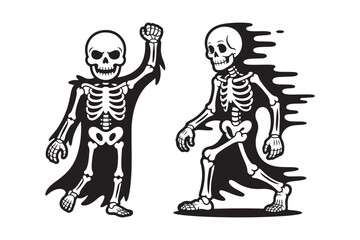 Two skeletons celebrating and running with flowing capes