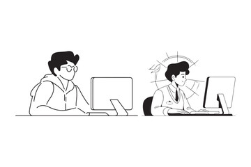 Two people working on computers in a minimalist line art style