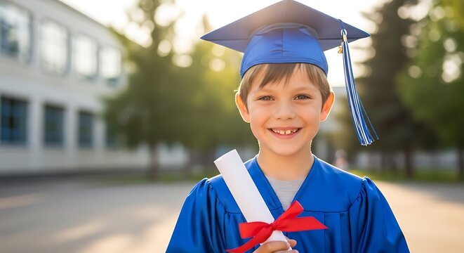 Smiling young boy wearing a blue graduation cap and gown holding a diploma scroll with a red ribbon outdoors